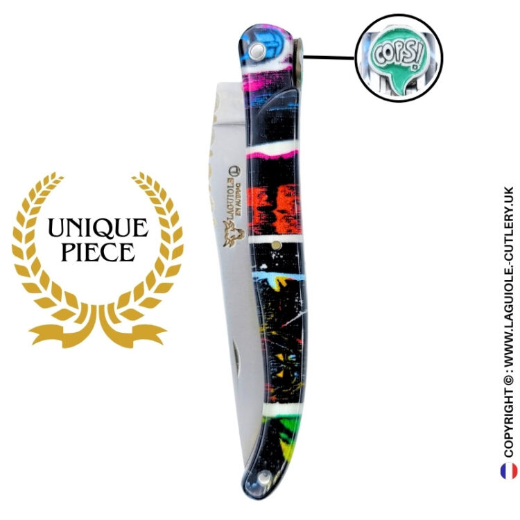 oops! comics: full handle laguiole knife in acrylic comic art