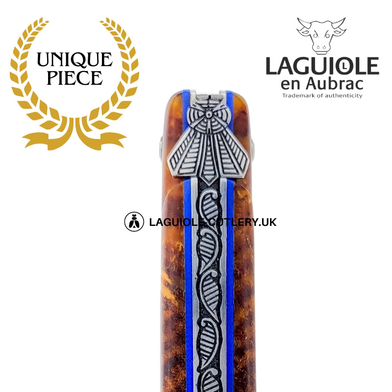 majestic ash: full handle laguiole knife in ash wood with sculpted bee & engraved spring