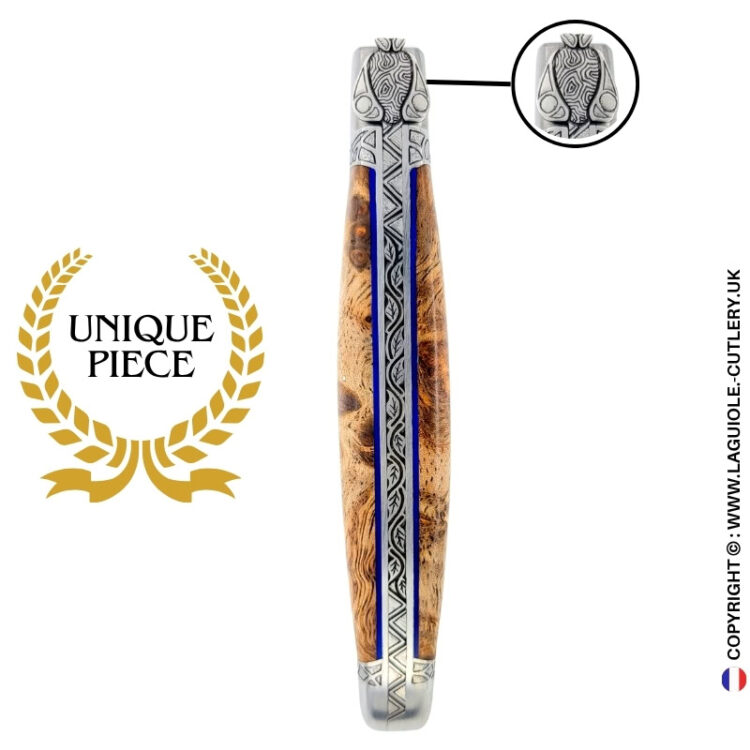 veins of nature: laguiole knife in stabilized poplar – sculpted bee – engraved bolsters and spring