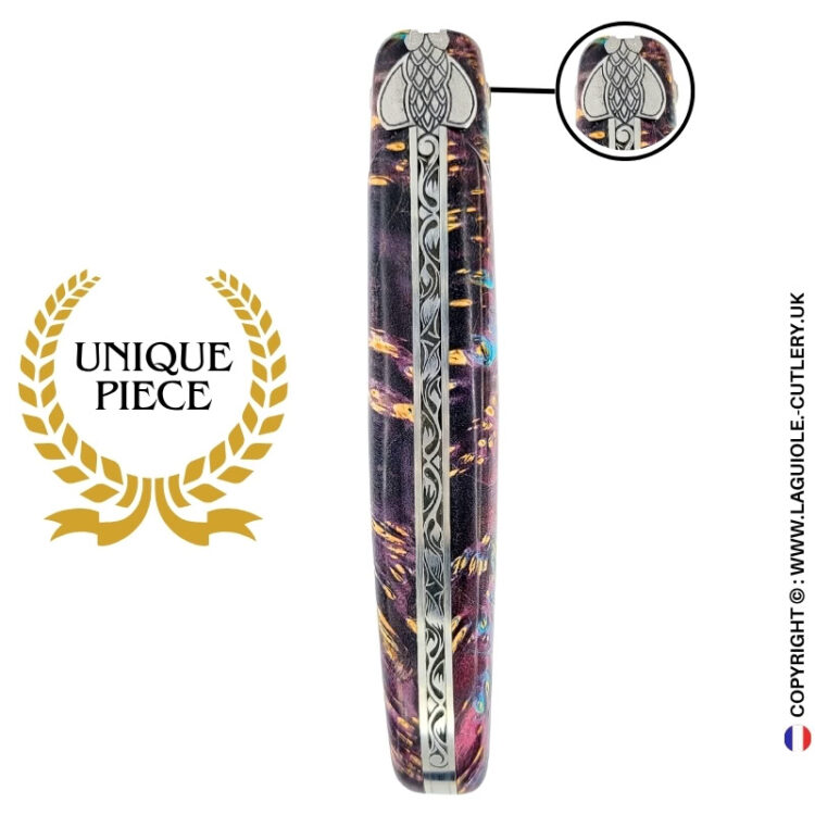 indigo forest: laguiole pocket knife in violet and brown elder burl – full handle – sculpted bee