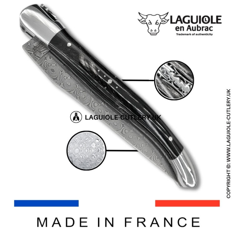 laguiole pocket knife double plates in buffalo horn with damascus blade
