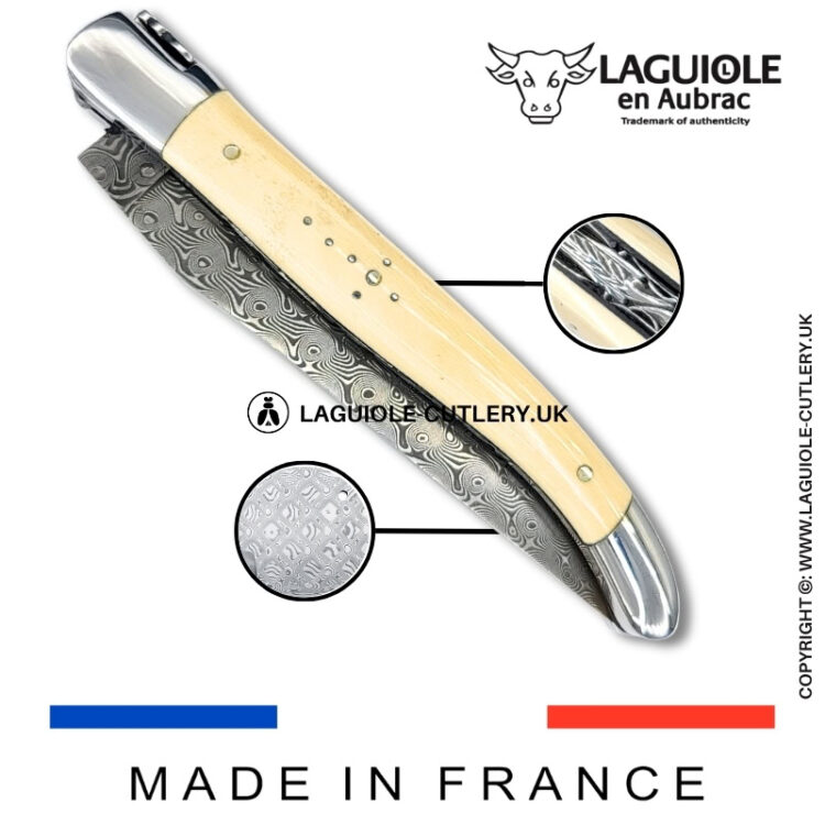 laguiole pocket knife double plates in mammoth ivory with damascus blade