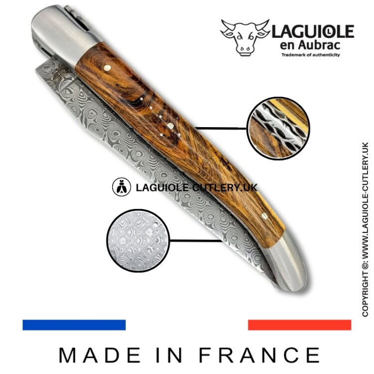 laguiole pocket knife double plates in pistachio wood with damascus blade