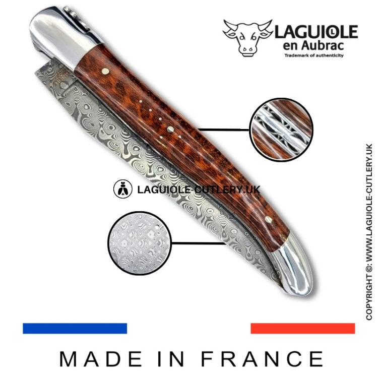 laguiole pocket knife double plates in snakewood with damascus blade