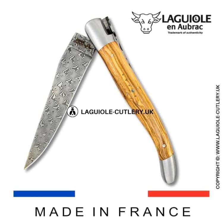 laguiole pocket knife in olivewood with damascus blade & hand engraved plates