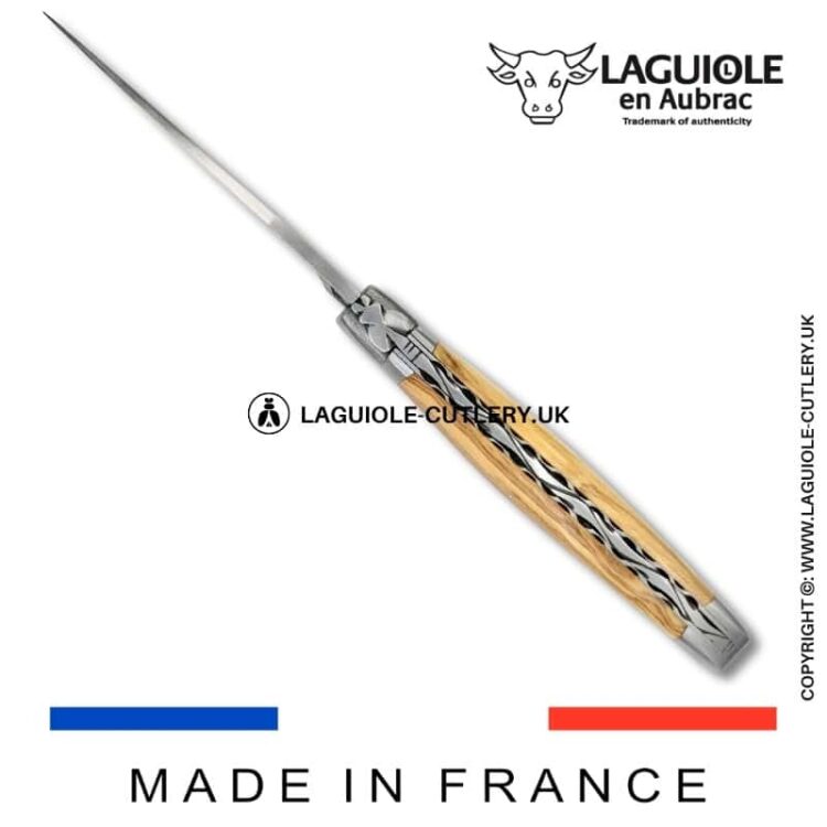 laguiole pocket knife in olivewood with damascus blade & hand engraved plates