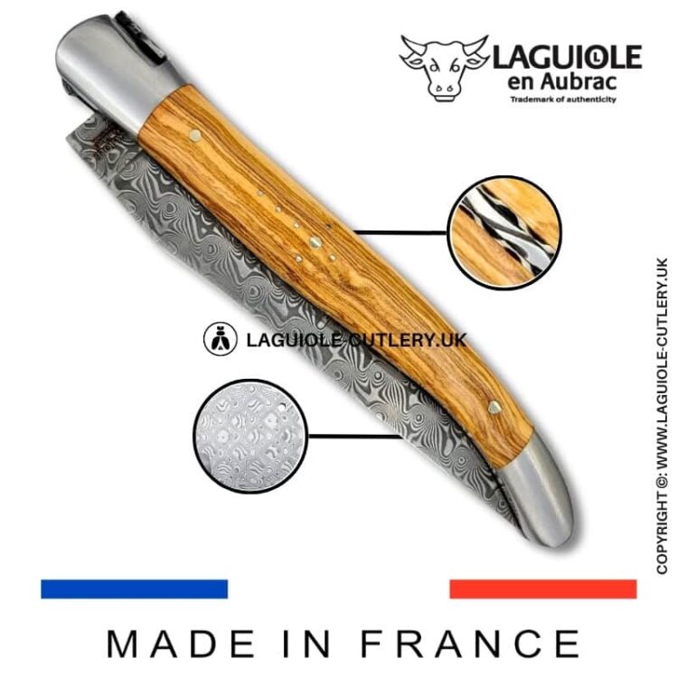 laguiole pocket knife in olivewood with damascus blade & hand engraved plates