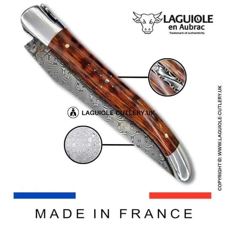 laguiole pocket knife in snakewood with damascus blade & hand engraved plates