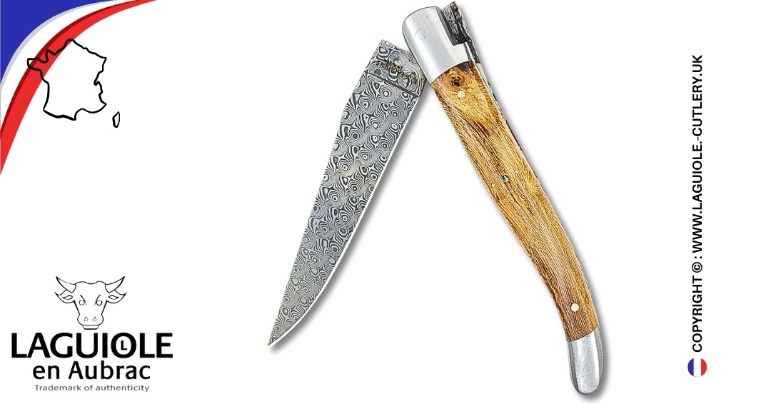 laguiole pocket knife double plates in grapevine wood with damascus blade