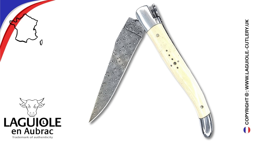 laguiole pocket knife double plates in mammoth ivory with damascus blade
