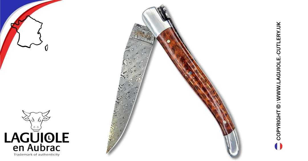 laguiole pocket knife double plates in snakewood with damascus blade
