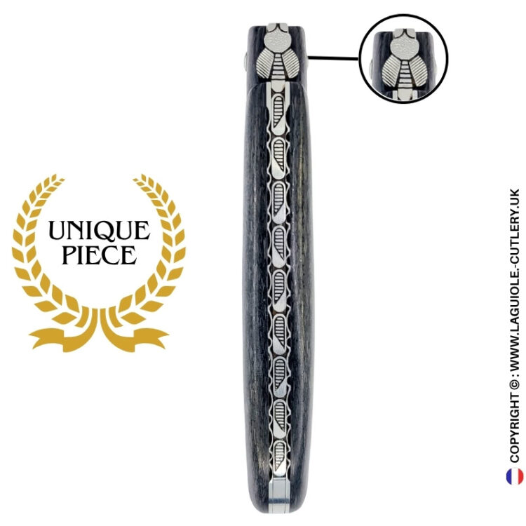 black eclipse: full carbon fiber laguiole knife – chiseled bee & honeycomb spring