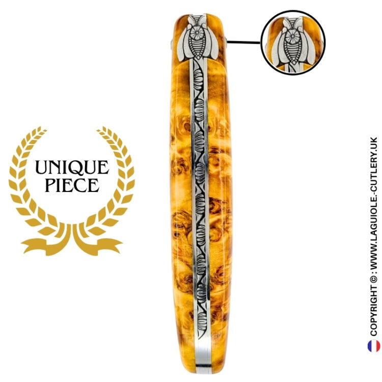 dharma bee: laguiole knife in figured brown yellow poplar – sculpted bee and lotus spring – full handle