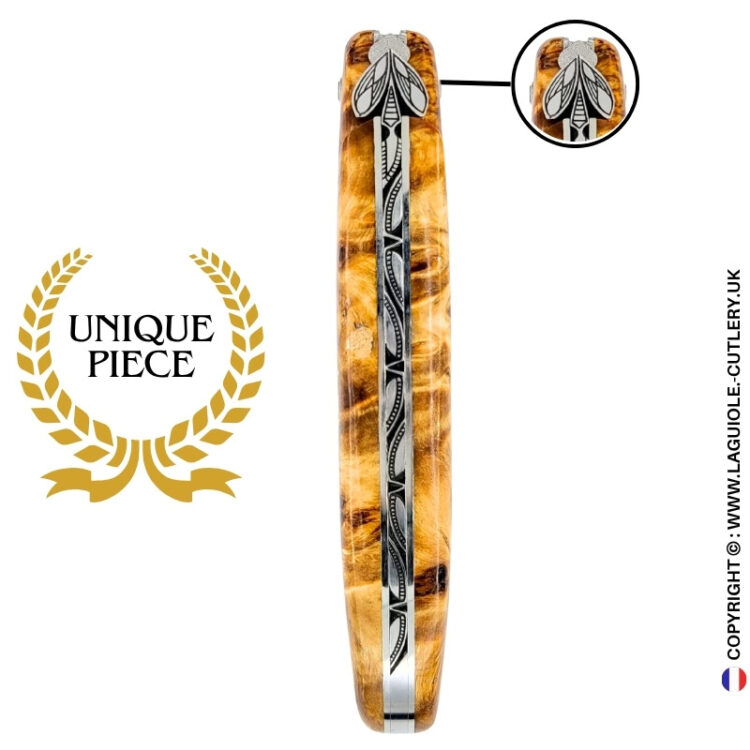 sketch of flight : laguiole knife in figured poplar – bee and chiseled spring