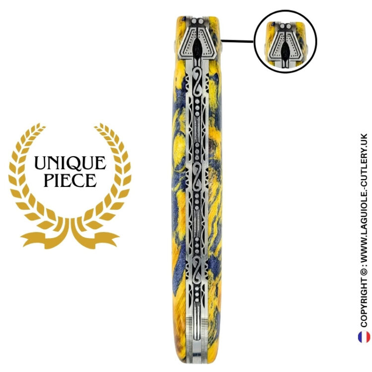 spirit of the temple: laguiole pocket knife in yellow and grey chestnut burl – full handle – double engraved plates