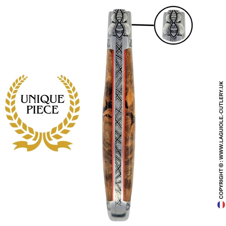 stellar wake: laguiole pocket knife in dark albizia – hand engraved bee and bolsters